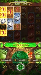 Leprechaun Riches · Pemeriksaan saldo akun, nominal taruhan aktif, dan riwayat hasil pada panel tengah.